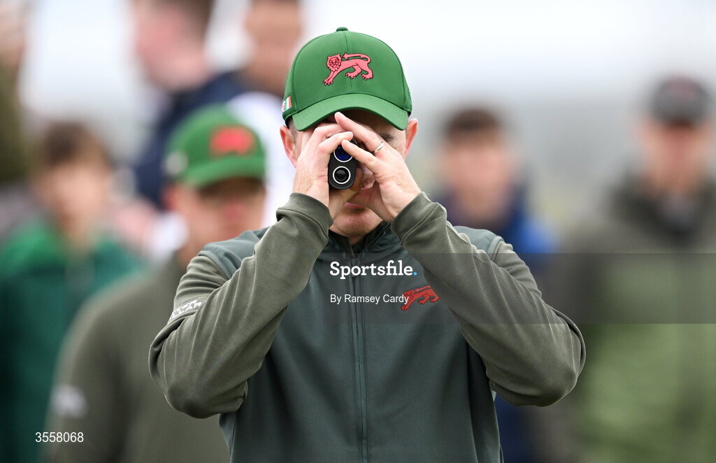 5 September 2026; Stuart Grehan of Great Britain and Ireland uses a rangefinder during the foursomes matches on day one of the 51st Walker Cup at Lahinch Golf Club in Lahinch, Clare. Photo by Ramsey Cardy/Sportsfile