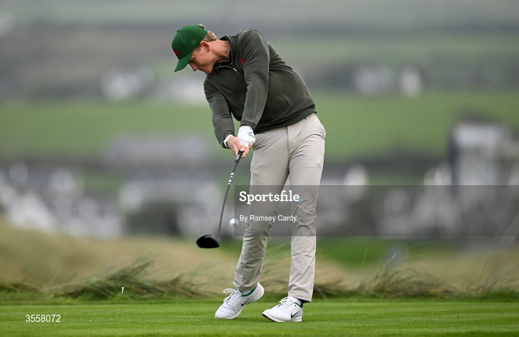 5 September 2026; Luke Poulter of Great Britain and Ireland plays his tee shot on the second hole during the foursomes matches on day one of the 51st Walker Cup at Lahinch Golf Club in Lahinch, Clare. Photo by Ramsey Cardy/Sportsfile