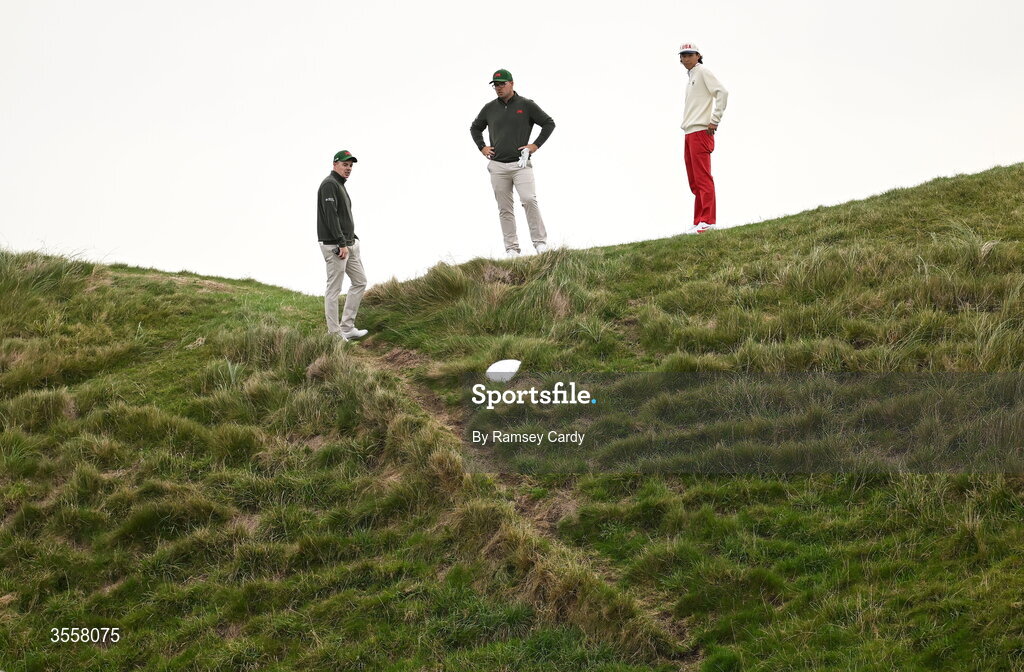 5 September 2026; Stuart Grehan, left, and Eliot Baker of Great Britain and Ireland alongside Ethan Fang of USA during the foursomes matches on day one of the 51st Walker Cup at Lahinch Golf Club in Lahinch, Clare. Photo by Ramsey Cardy/Sportsfile