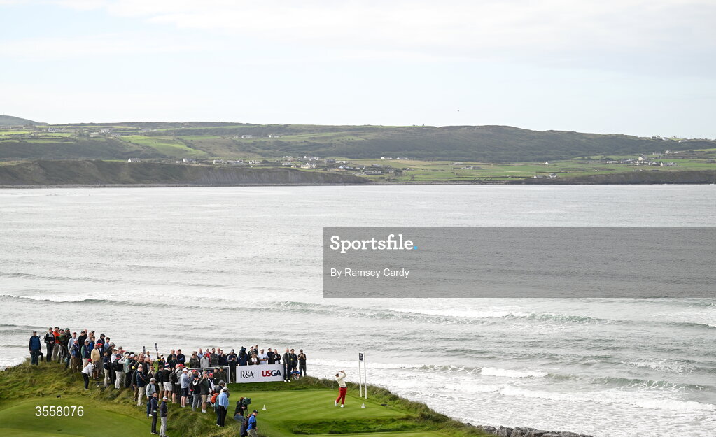 5 September 2026; Preston Stout of USA watches his tee shot on the seventh hole during the foursomes matches on day one of the 51st Walker Cup at Lahinch Golf Club in Lahinch, Clare. Photo by Ramsey Cardy/Sportsfile