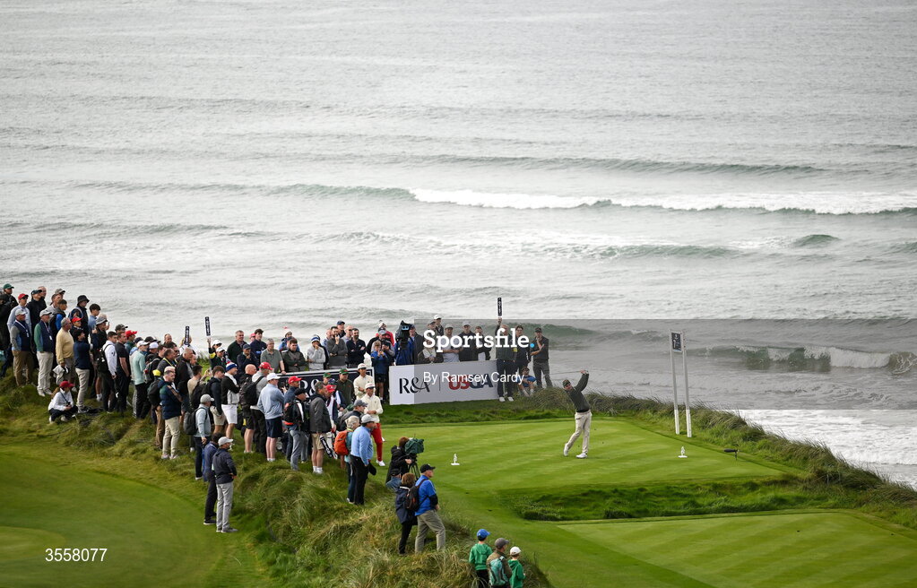 5 September 2026; Stuart Grehan of Great Britain and Ireland watches his tee shot on the seventh hole during the foursomes matches on day one of the 51st Walker Cup at Lahinch Golf Club in Lahinch, Clare. Photo by Ramsey Cardy/Sportsfile