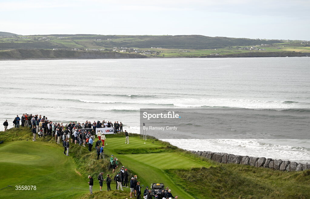 5 September 2026; Stuart Grehan of Great Britain and Ireland watches his tee shot on the seventh hole during the foursomes matches on day one of the 51st Walker Cup at Lahinch Golf Club in Lahinch, Clare. Photo by Ramsey Cardy/Sportsfile