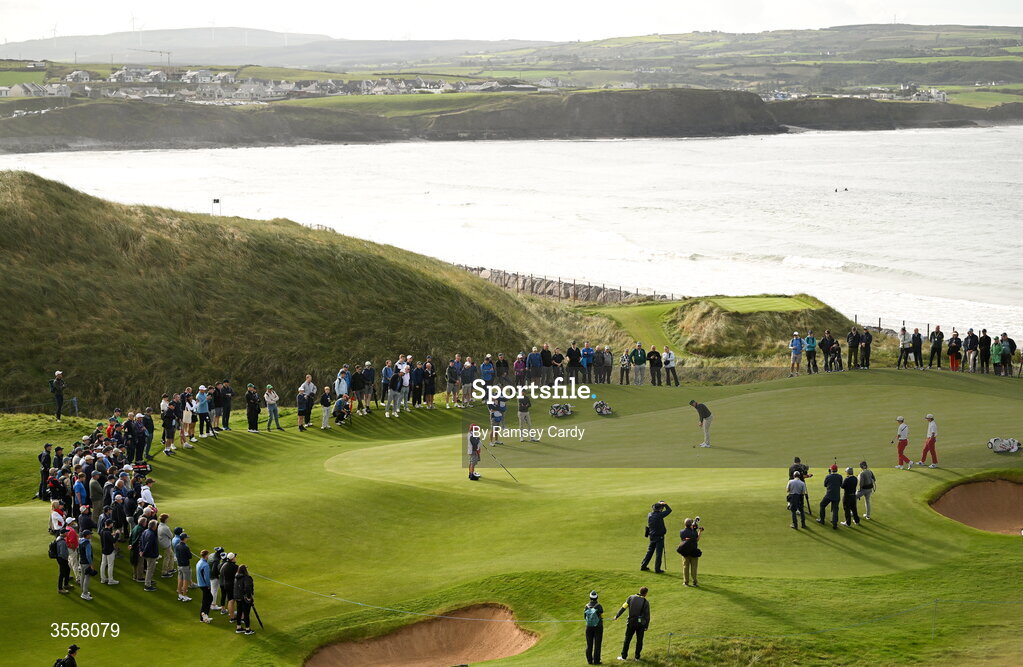 5 September 2026; Luke Poulter of Great Britain and Ireland putts on the sixth green during the foursomes matches on day one of the 51st Walker Cup at Lahinch Golf Club in Lahinch, Clare. Photo by Ramsey Cardy/Sportsfile