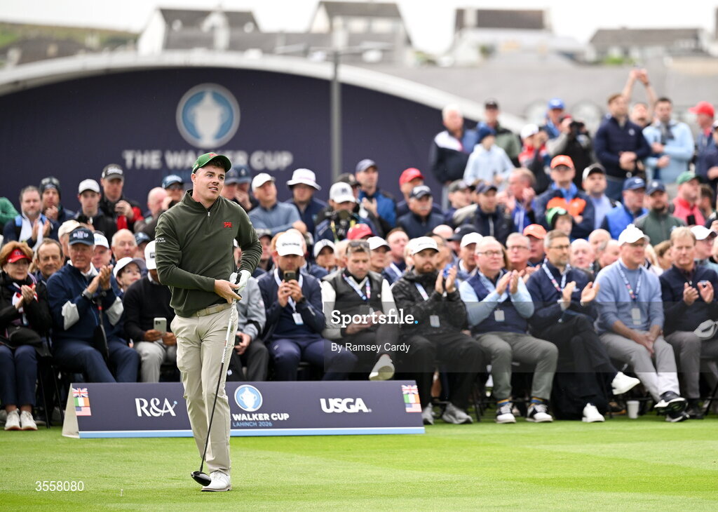 5 September 2026; Stuart Grehan of Great Britain and Ireland watches his tee shot on the first hole during the foursomes matches on day one of the 51st Walker Cup at Lahinch Golf Club in Lahinch, Clare. Photo by Ramsey Cardy/Sportsfile