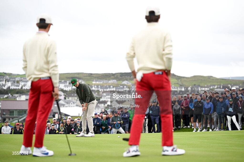 5 September 2026; Sam Easterbrook of Great Britain and Ireland putts on the first green during the foursomes matches on day one of the 51st Walker Cup at Lahinch Golf Club in Lahinch, Clare. Photo by Ramsey Cardy/Sportsfile