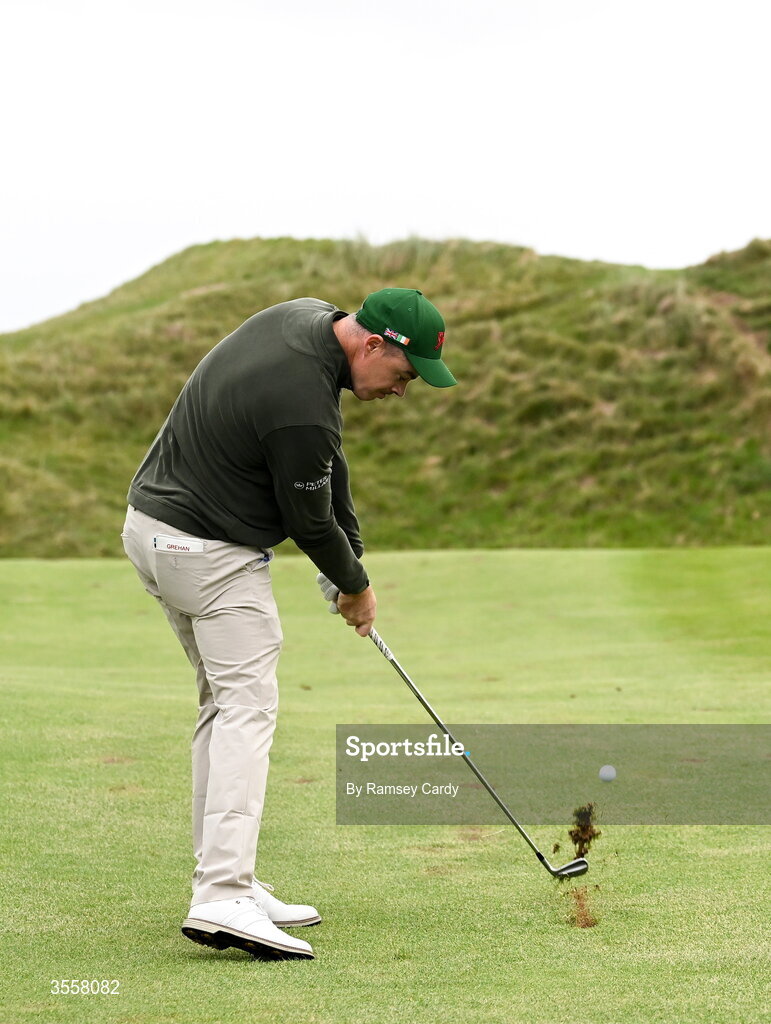 5 September 2026; Stuart Grehan of Great Britain and Ireland plays from the fairway on the third hole during the foursomes matches on day one of the 51st Walker Cup at Lahinch Golf Club in Lahinch, Clare. Photo by Ramsey Cardy/Sportsfile