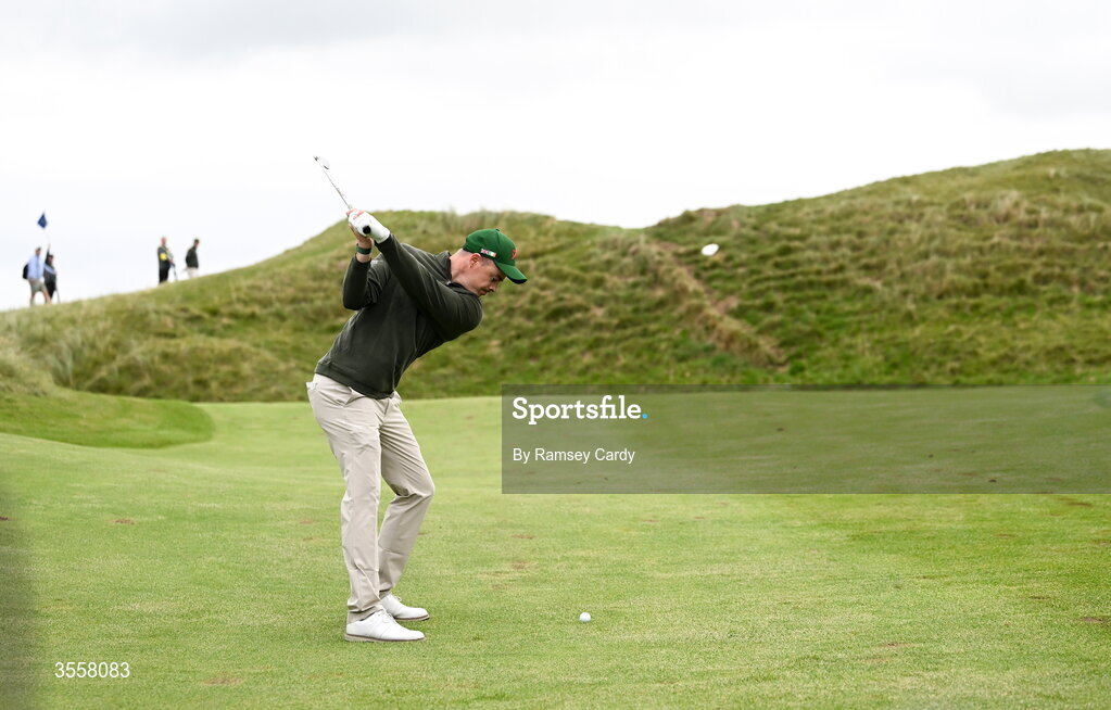 5 September 2026; Stuart Grehan of Great Britain and Ireland plays from the fairway on the third hole during the foursomes matches on day one of the 51st Walker Cup at Lahinch Golf Club in Lahinch, Clare. Photo by Ramsey Cardy/Sportsfile