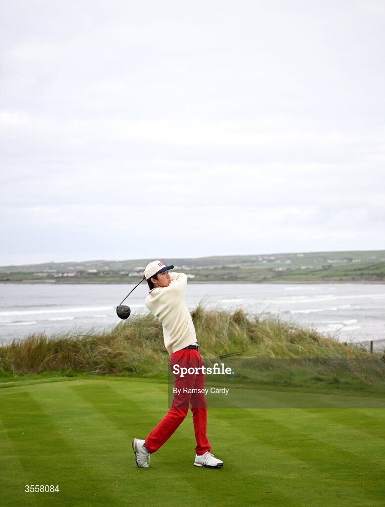 5 September 2026; Jay Leng Jr of USA watches his tee shot on the fourth hole during the foursomes matches on day one of the 51st Walker Cup at Lahinch Golf Club in Lahinch, Clare. Photo by Ramsey Cardy/Sportsfile