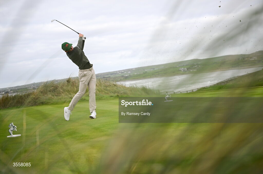 5 September 2026; Tyler Weaver of Great Britain and Ireland plays his tee shot on the fourth hole during the foursomes matches on day one of the 51st Walker Cup at Lahinch Golf Club in Lahinch, Clare. Photo by Ramsey Cardy/Sportsfile