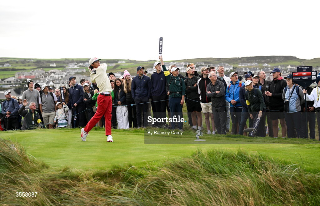 5 September 2026; Ethan Fang of USA watches his tee shot on the fifith hole during the foursomes matches on day one of the 51st Walker Cup at Lahinch Golf Club in Lahinch, Clare. Photo by Ramsey Cardy/Sportsfile