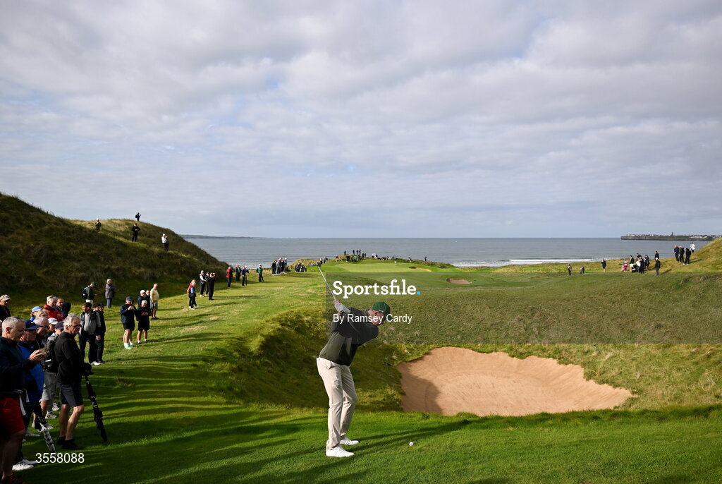 5 September 2026; Stuart Grehan of Great Britain and Ireland plays from the fairway on the sixth hole during the foursomes matches on day one of the 51st Walker Cup at Lahinch Golf Club in Lahinch, Clare. Photo by Ramsey Cardy/Sportsfile