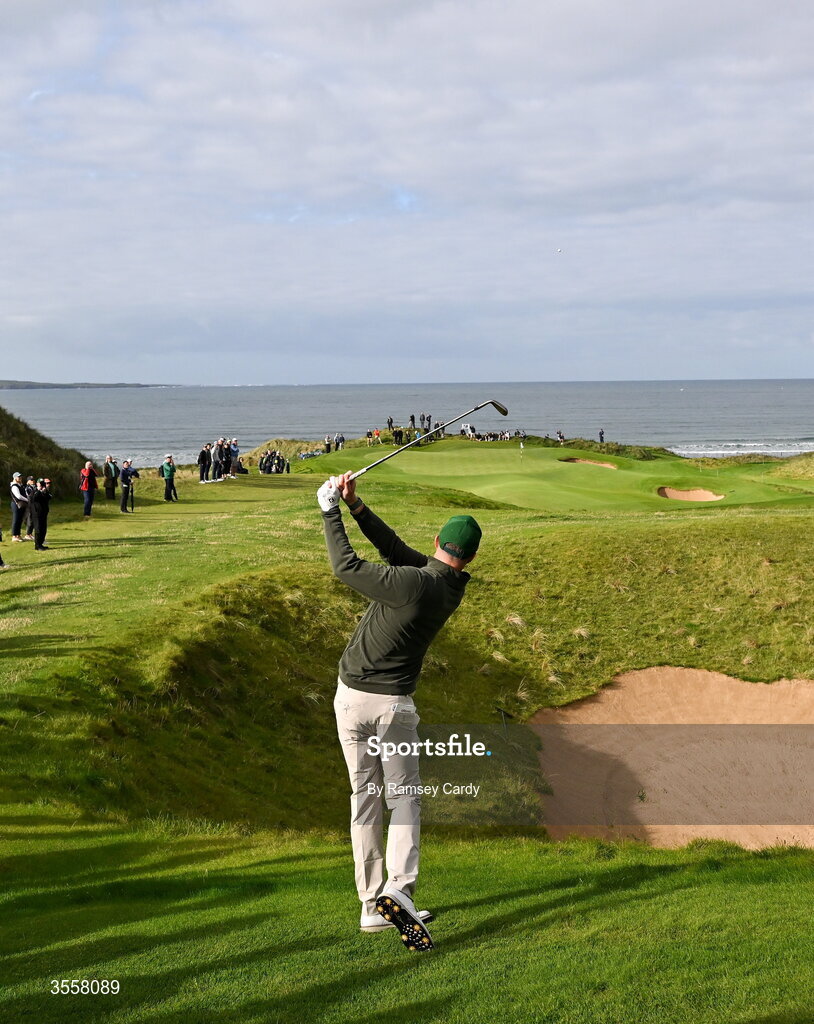 5 September 2026; Stuart Grehan of Great Britain and Ireland plays from the fairway on the sixth hole during the foursomes matches on day one of the 51st Walker Cup at Lahinch Golf Club in Lahinch, Clare. Photo by Ramsey Cardy/Sportsfile