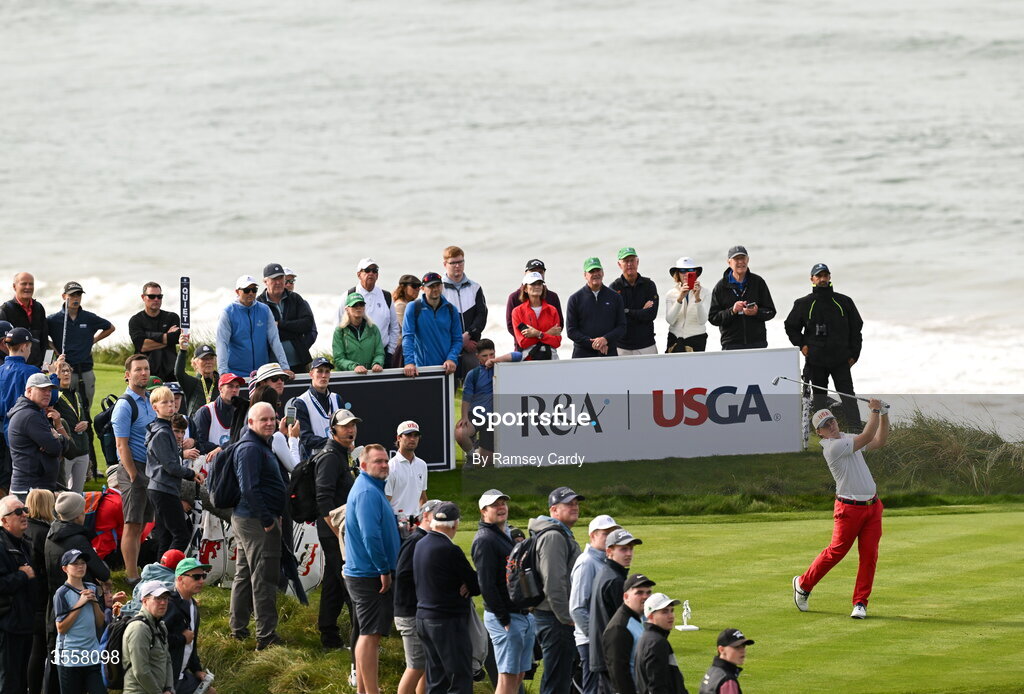 5 September 2026; Josiah Gilbert of USA watches his tee shot on the seventh hole during the foursomes matches on day one of the 51st Walker Cup at Lahinch Golf Club in Lahinch, Clare. Photo by Ramsey Cardy/Sportsfile