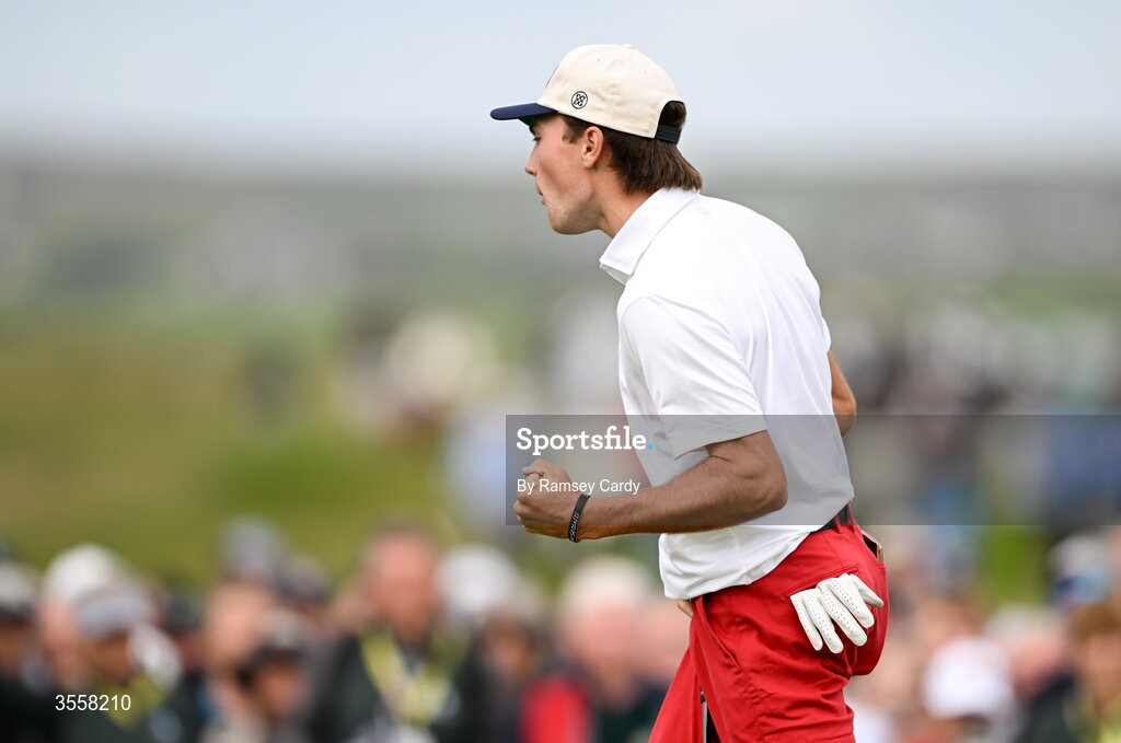 5 September 2026; Tyler Watts of USA celebrates a putt on the 18th green during the foursomes matches on day one of the 51st Walker Cup at Lahinch Golf Club in Lahinch, Clare. Photo by Ramsey Cardy/Sportsfile