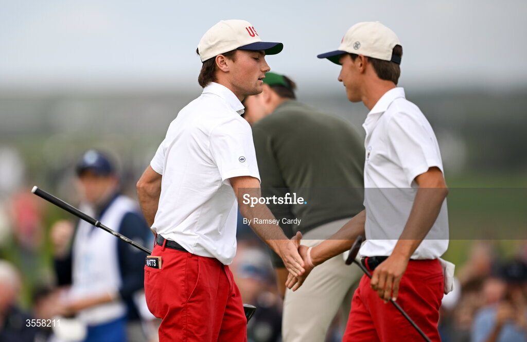 5 September 2026; Tyler Watts, left, and Miles Russell of USA on the 18th green during the foursomes matches on day one of the 51st Walker Cup at Lahinch Golf Club in Lahinch, Clare. Photo by Ramsey Cardy/Sportsfile