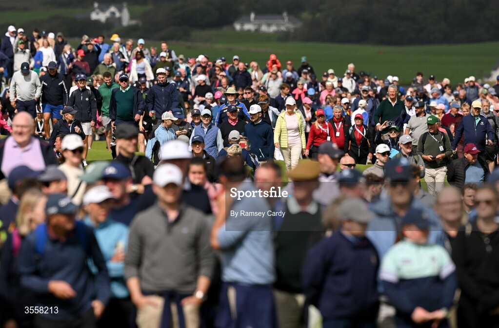 5 September 2026; Crowds walk up the 18th fairway during the foursomes matches on day one of the 51st Walker Cup at Lahinch Golf Club in Lahinch, Clare. Photo by Ramsey Cardy/Sportsfile