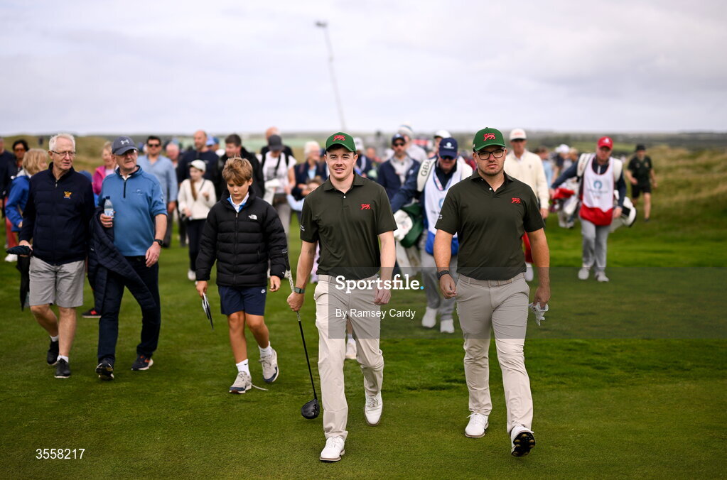 5 September 2026; Stuart Grehan, left, and Eliot Baker of Great Britain and Ireland walk up a fairway during the foursomes matches on day one of the 51st Walker Cup at Lahinch Golf Club in Lahinch, Clare. Photo by Ramsey Cardy/Sportsfile