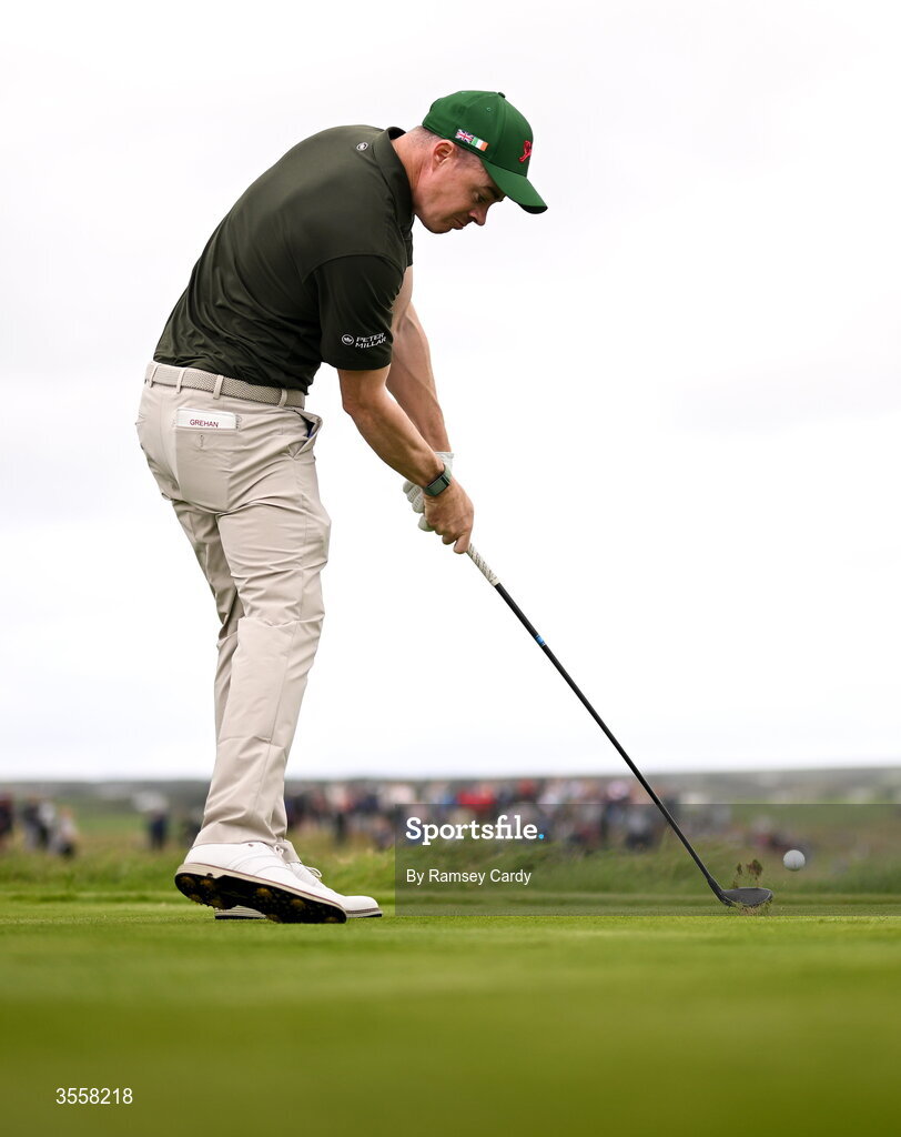 5 September 2026; Stuart Grehan of Great Britain and Ireland plays a tee shot during the foursomes matches on day one of the 51st Walker Cup at Lahinch Golf Club in Lahinch, Clare. Photo by Ramsey Cardy/Sportsfile