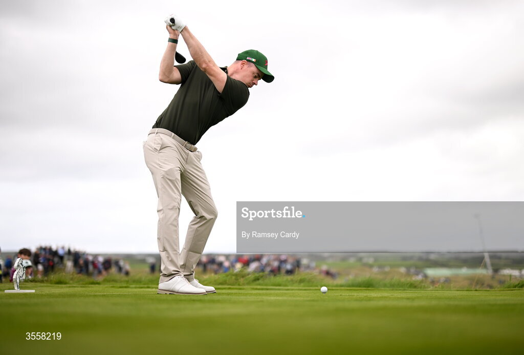 5 September 2026; Stuart Grehan of Great Britain and Ireland plays a tee shot during the foursomes matches on day one of the 51st Walker Cup at Lahinch Golf Club in Lahinch, Clare. Photo by Ramsey Cardy/Sportsfile