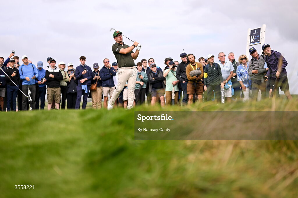 5 September 2026; Eliot Baker of Great Britain and Ireland watches his tee shot on the 16th hole during the foursomes matches on day one of the 51st Walker Cup at Lahinch Golf Club in Lahinch, Clare. Photo by Ramsey Cardy/Sportsfile