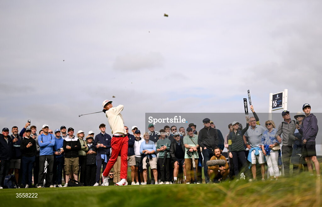 5 September 2026; Ethan Fang of USA watches his tee shot on the 16th hole during the foursomes matches on day one of the 51st Walker Cup at Lahinch Golf Club in Lahinch, Clare. Photo by Ramsey Cardy/Sportsfile