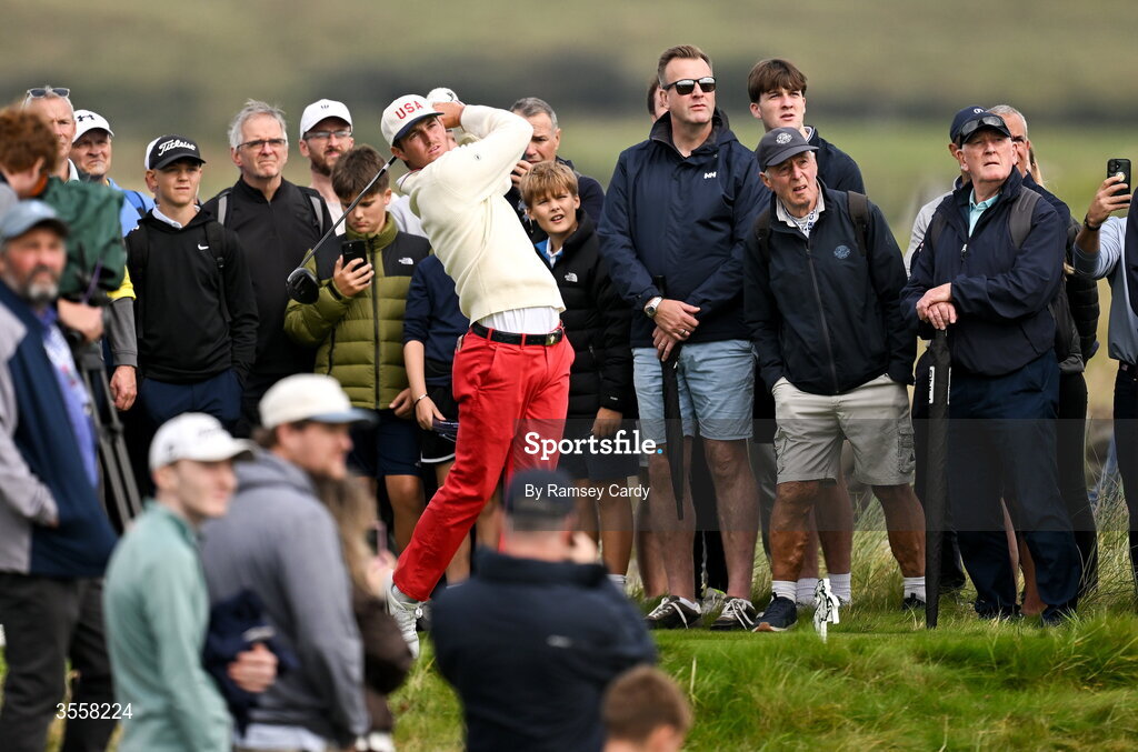 5 September 2026; Preston Stout of USA watches his tee shot on the 17th hole during the foursomes matches on day one of the 51st Walker Cup at Lahinch Golf Club in Lahinch, Clare. Photo by Ramsey Cardy/Sportsfile