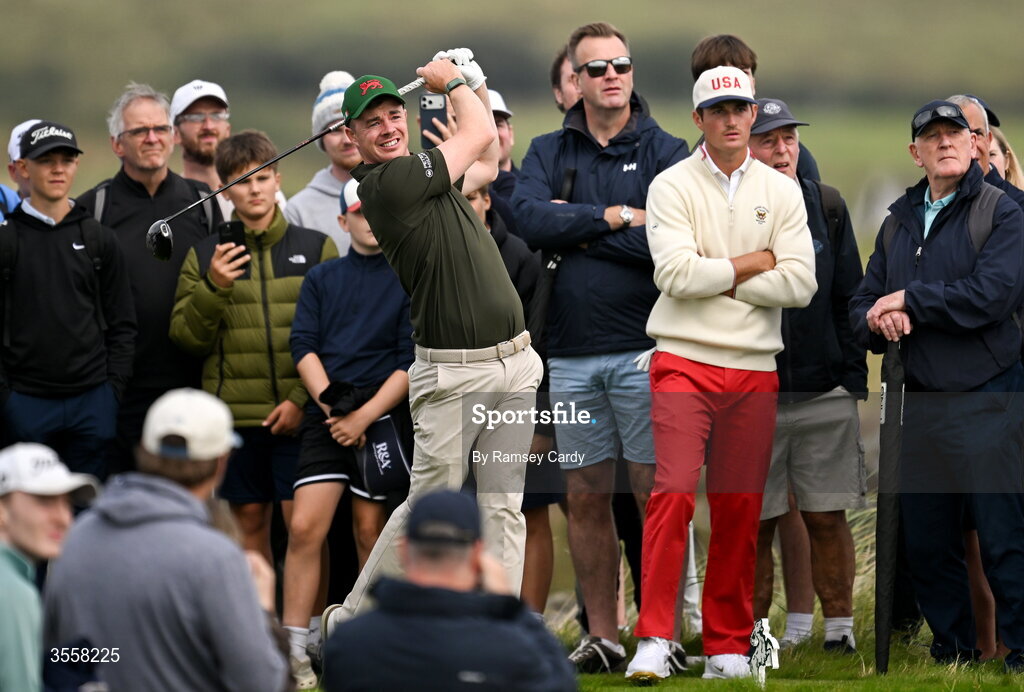 5 September 2026; Stuart Grehan of Great Britain and Ireland watches his tee shot on the 17th hole during the foursomes matches on day one of the 51st Walker Cup at Lahinch Golf Club in Lahinch, Clare. Photo by Ramsey Cardy/Sportsfile