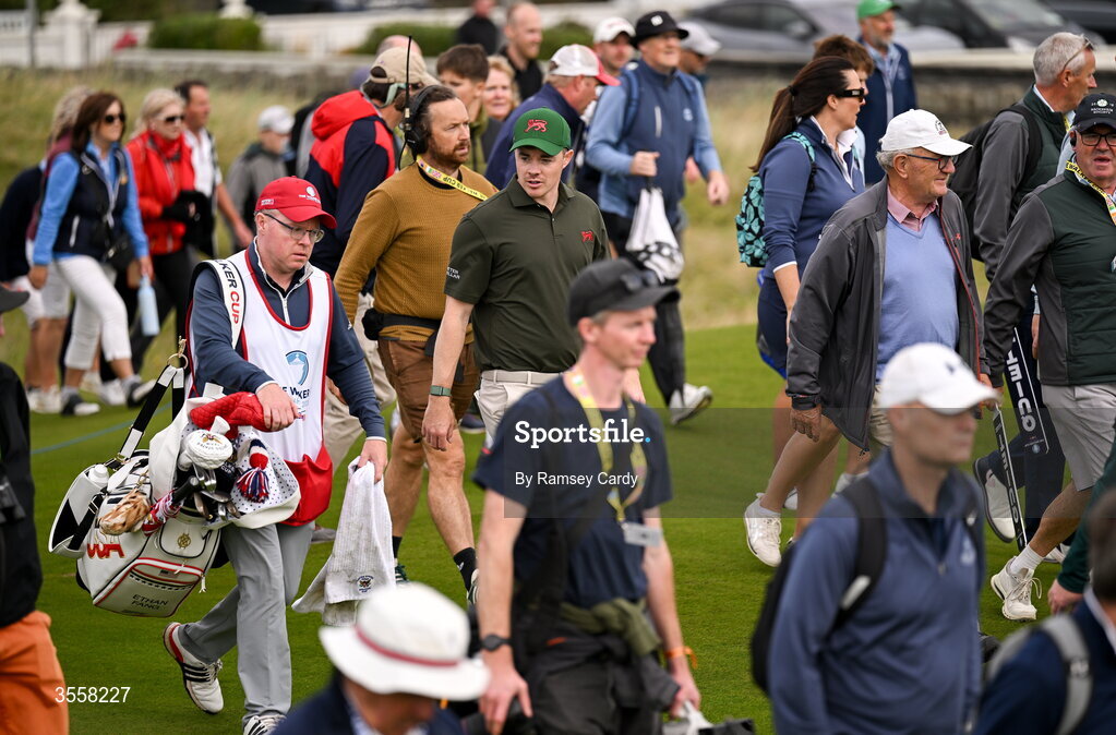 5 September 2026; Stuart Grehan of Great Britain and Ireland walks up the fairway alongside crowds during the foursomes matches on day one of the 51st Walker Cup at Lahinch Golf Club in Lahinch, Clare. Photo by Ramsey Cardy/Sportsfile