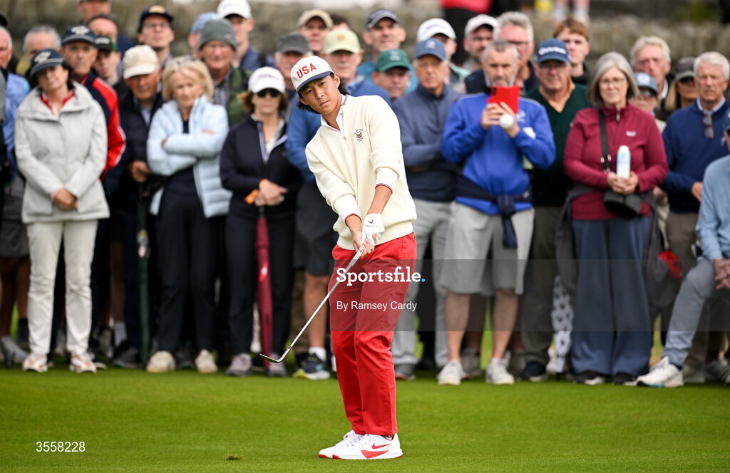 5 September 2026; Ethan Fang of USA chips onto the 18th green during the foursomes matches on day one of the 51st Walker Cup at Lahinch Golf Club in Lahinch, Clare. Photo by Ramsey Cardy/Sportsfile