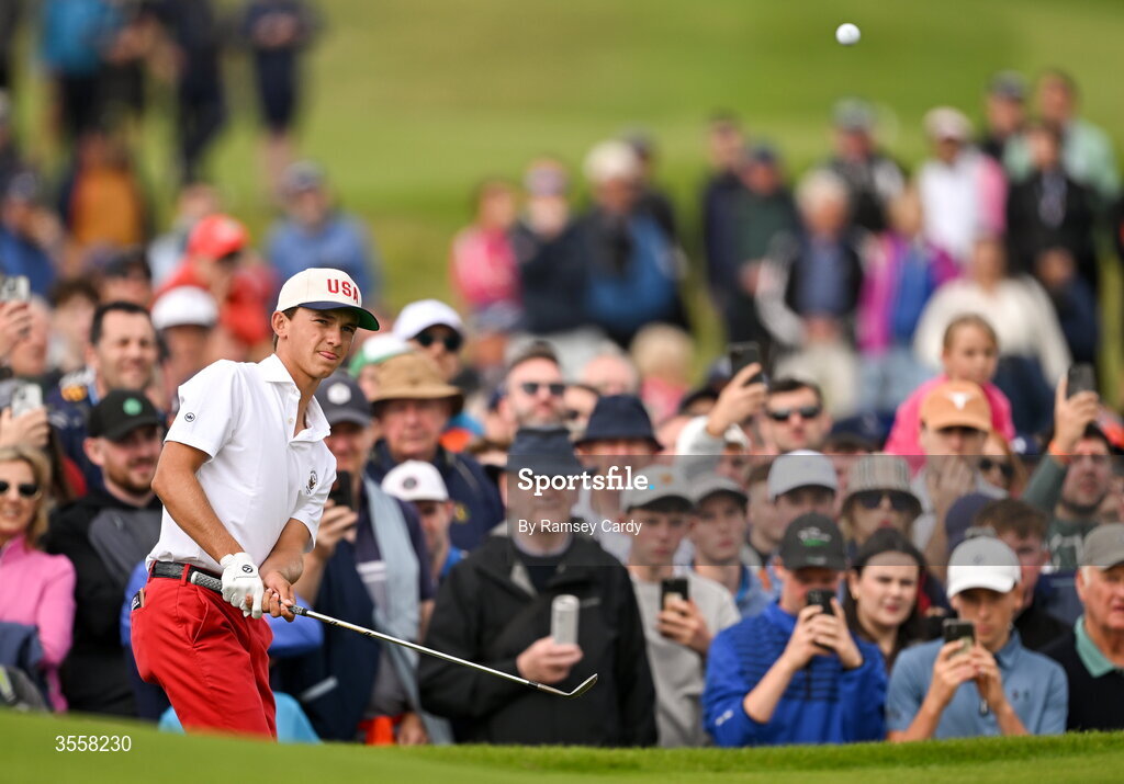 5 September 2026; Miles Russell of USA chips onto the 18th green during the foursomes matches on day one of the 51st Walker Cup at Lahinch Golf Club in Lahinch, Clare. Photo by Ramsey Cardy/Sportsfile
