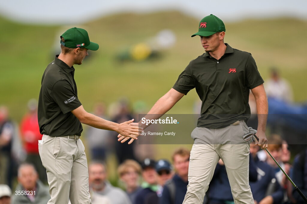 5 September 2026; Connor Graham, left, and Tyler Weaver of Great Britain and Ireland during the foursomes matches on day one of the 51st Walker Cup at Lahinch Golf Club in Lahinch, Clare. Photo by Ramsey Cardy/Sportsfile