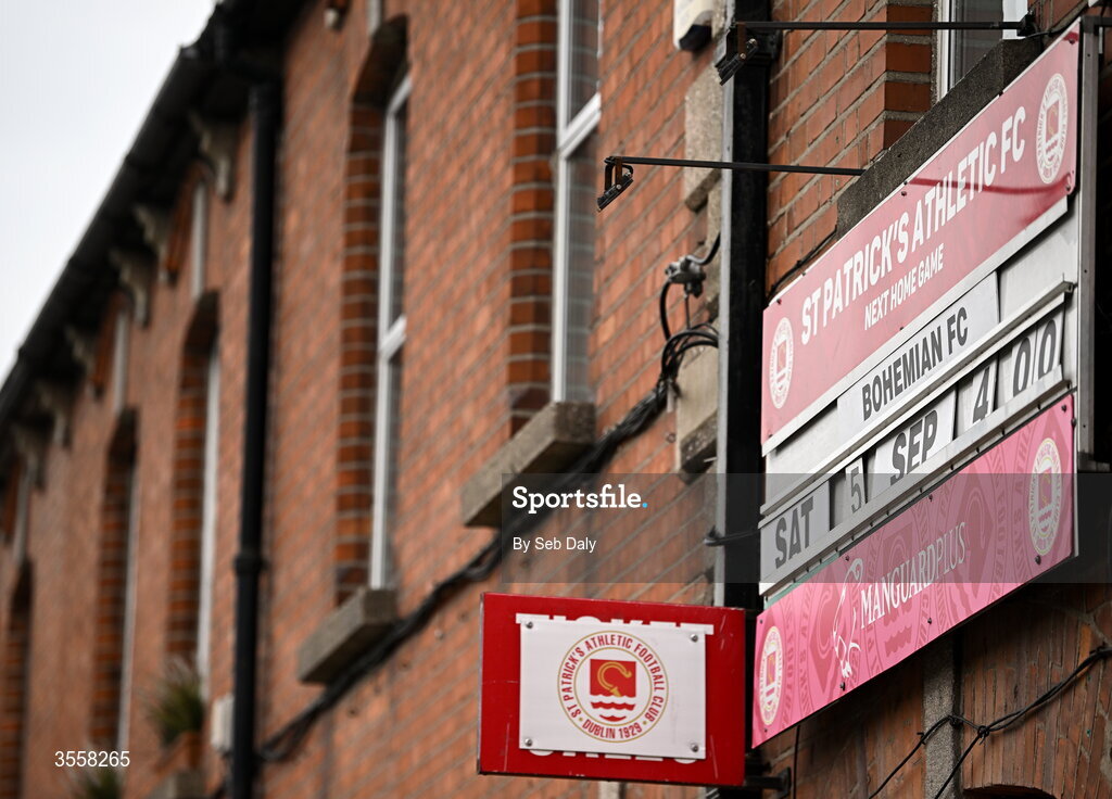 5 September 2026; A sign outside of Richmond Park in Dublin announcing the Club Orange Men’s FAI Cup quarter-final match between St Patrick's Athletic and Bohemians at Richmond Park in Dublin. Photo by Seb Daly/Sportsfile
