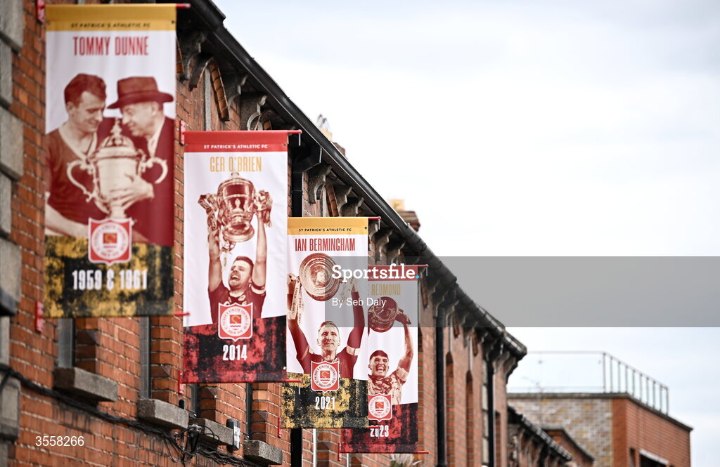 5 September 2026; St Patrick's Athletic banners before the Club Orange Men’s FAI Cup quarter-final match between St Patrick's Athletic and Bohemians at Richmond Park in Dublin. Photo by Seb Daly/Sportsfile