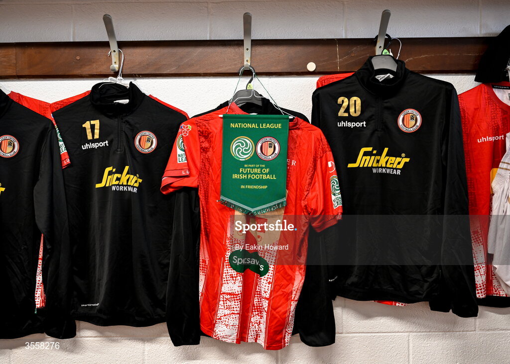 5 September 2026; Lucan United jerseys are seen in the locker room before the FAI National League match between Lucan United and Mervue United at Copper Face Jacks Park in Dublin. Photo by Eakin Howard/Sportsfile