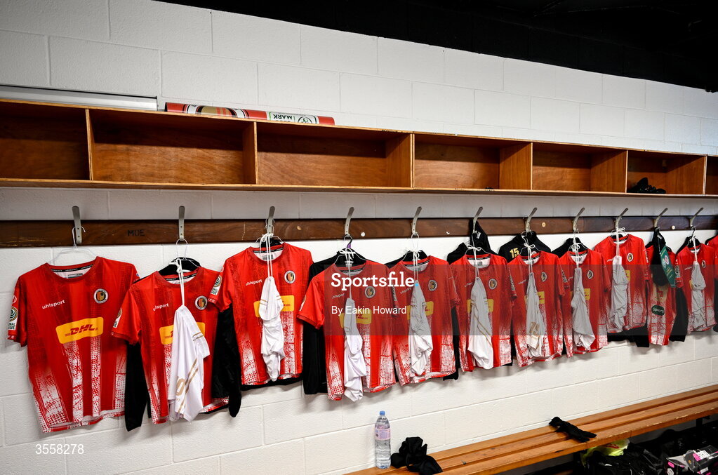5 September 2026; Lucan United jerseys are seen in the locker room before the FAI National League match between Lucan United and Mervue United at Copper Face Jacks Park in Dublin. Photo by Eakin Howard/Sportsfile