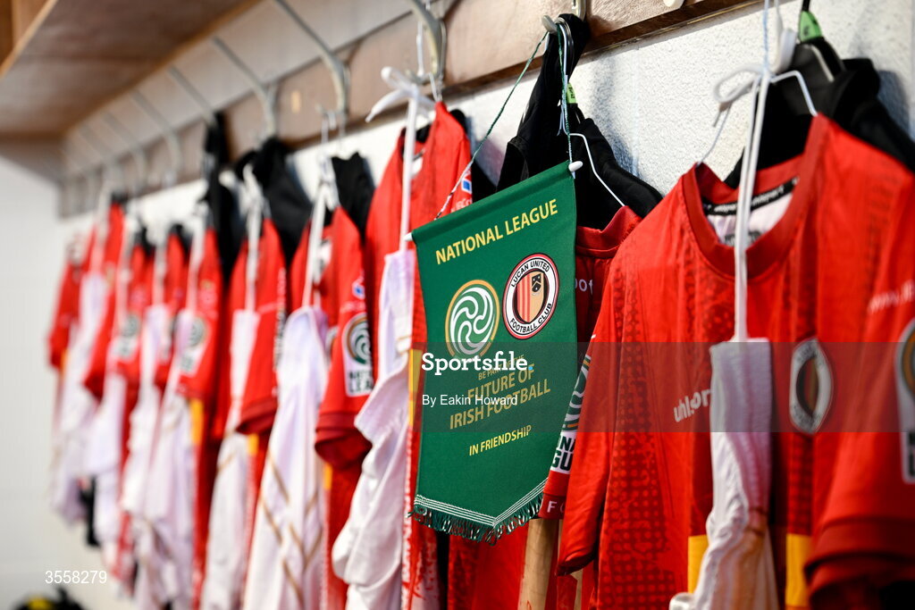 5 September 2026; Lucan United jerseys are seen in the locker room before the FAI National League match between Lucan United and Mervue United at Copper Face Jacks Park in Dublin. Photo by Eakin Howard/Sportsfile