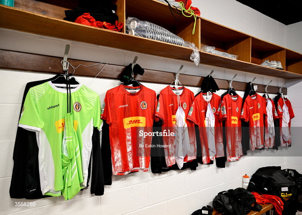 5 September 2026; Lucan United jerseys are seen in the locker room before the FAI National League match between Lucan United and Mervue United at Copper Face Jacks Park in Dublin. Photo by Eakin Howard/Sportsfile