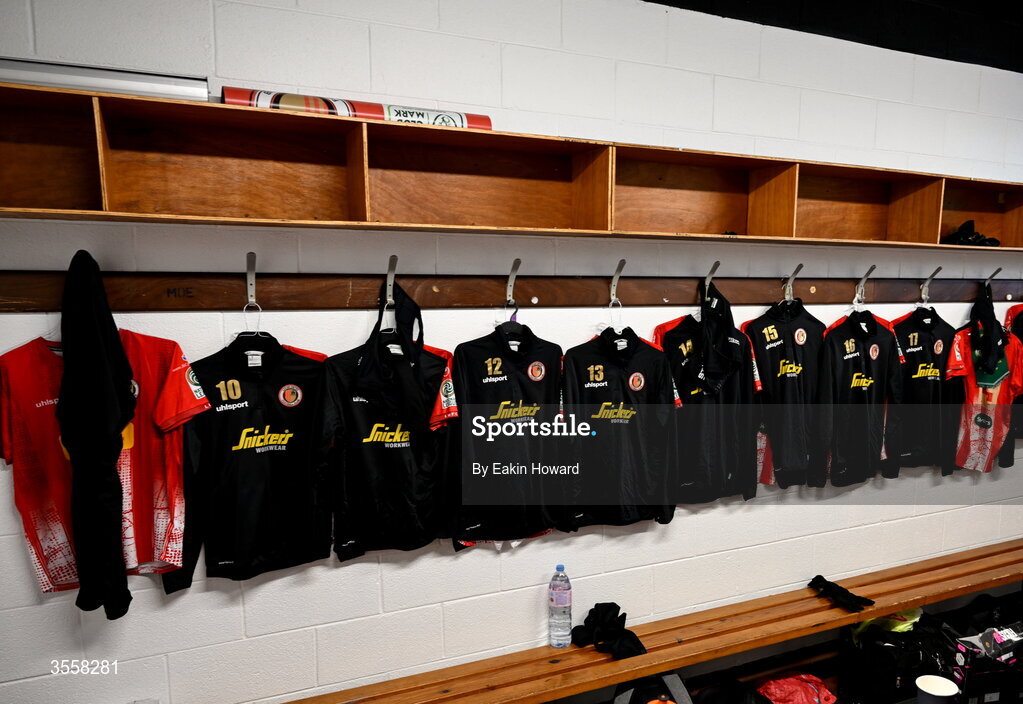 5 September 2026; Lucan United jerseys are seen in the locker room before the FAI National League match between Lucan United and Mervue United at Copper Face Jacks Park in Dublin. Photo by Eakin Howard/Sportsfile