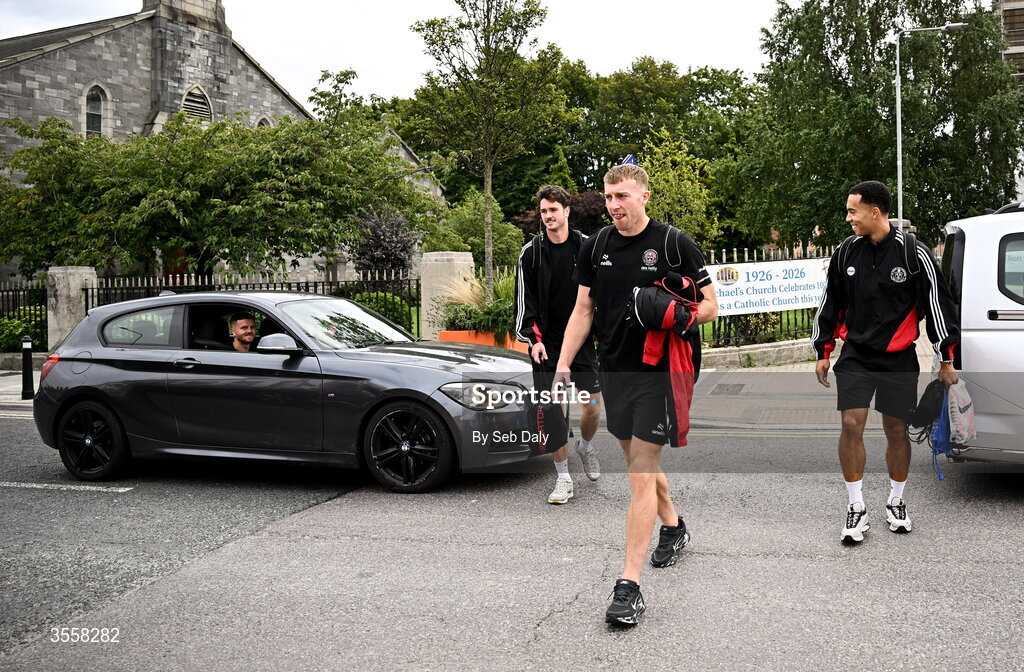 5 September 2026; Bohemians players, from left, Adam McDonnell, Patrick Hickey, Sam Todd, and Douglas James-Taylor before the Club Orange Men’s FAI Cup quarter-final match between St Patrick's Athletic and Bohemians at Richmond Park in Dublin. Photo by Seb Daly/Sportsfile