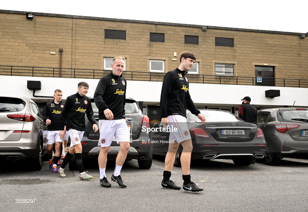 5 September 2026; Adam Nolan, right, Luke Walsh, Adam Deans, and Reece Weldon of Lucan United walk to the pitch for warm ups before the FAI National League match between Lucan United and Mervue United at Copper Face Jacks Park in Dublin. Photo by Eakin Howard/Sportsfile