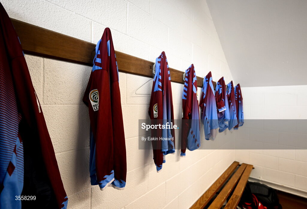 5 September 2026; Mervue United jerseys are seen in the locker room before the FAI National League match between Lucan United and Mervue United at Copper Face Jacks Park in Dublin. Photo by Eakin Howard/Sportsfile