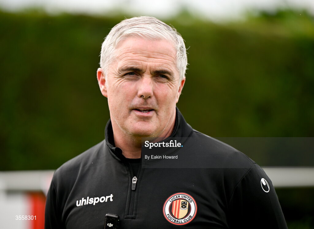 5 September 2026; Lucan United manager Darius Kierans looks on before the FAI National League match between Lucan United and Mervue United at Copper Face Jacks Park in Dublin. Photo by Eakin Howard/Sportsfile