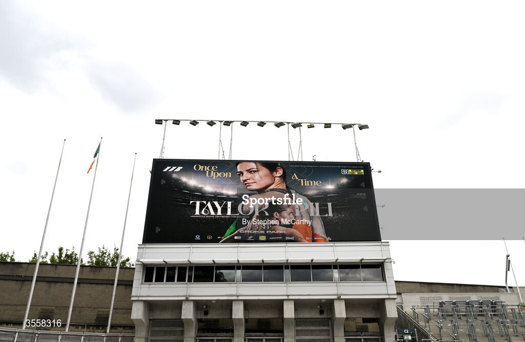 5 September 2026; A general view of a big screen inside the Stadium ahead of the undisputed super lightweight championship fight between Katie Taylor and Flora Pili at the Once Upon A Time fight night in Croke Park, Dublin. Photo by Stephen McCarthy/Sportsfile