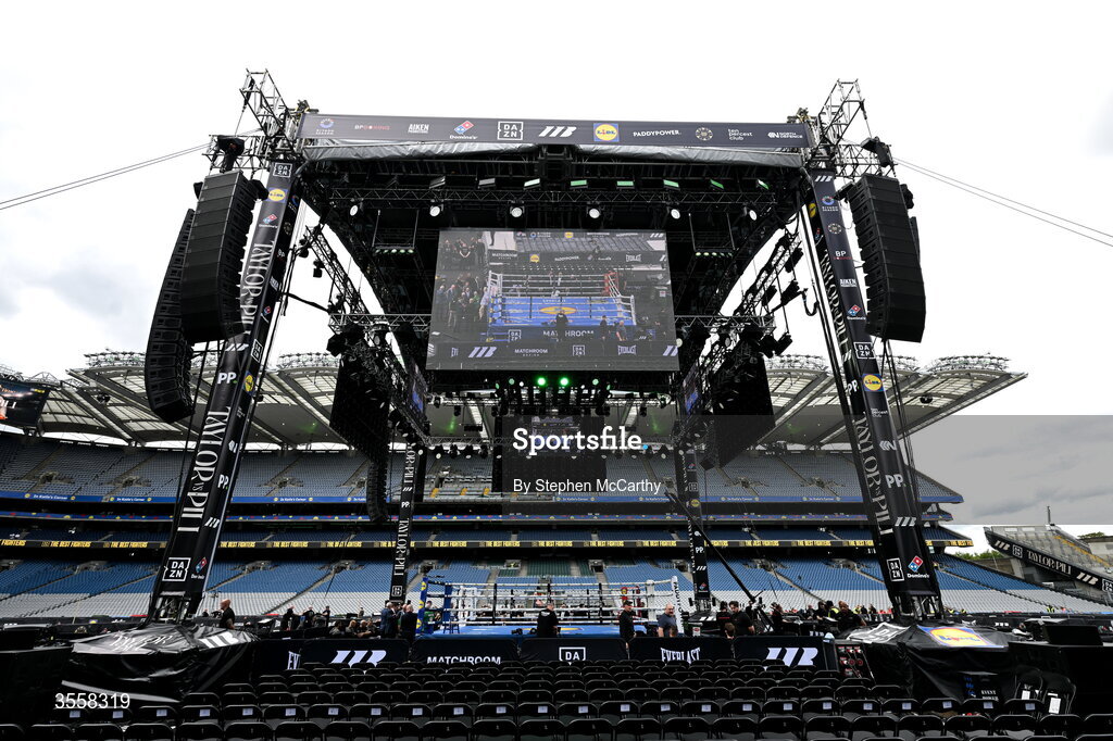5 September 2026; A general view of the ring inside the Stadium ahead of the undisputed super lightweight championship fight between Katie Taylor and Flora Pili at the Once Upon A Time fight night in Croke Park, Dublin. Photo by Stephen McCarthy/Sportsfile