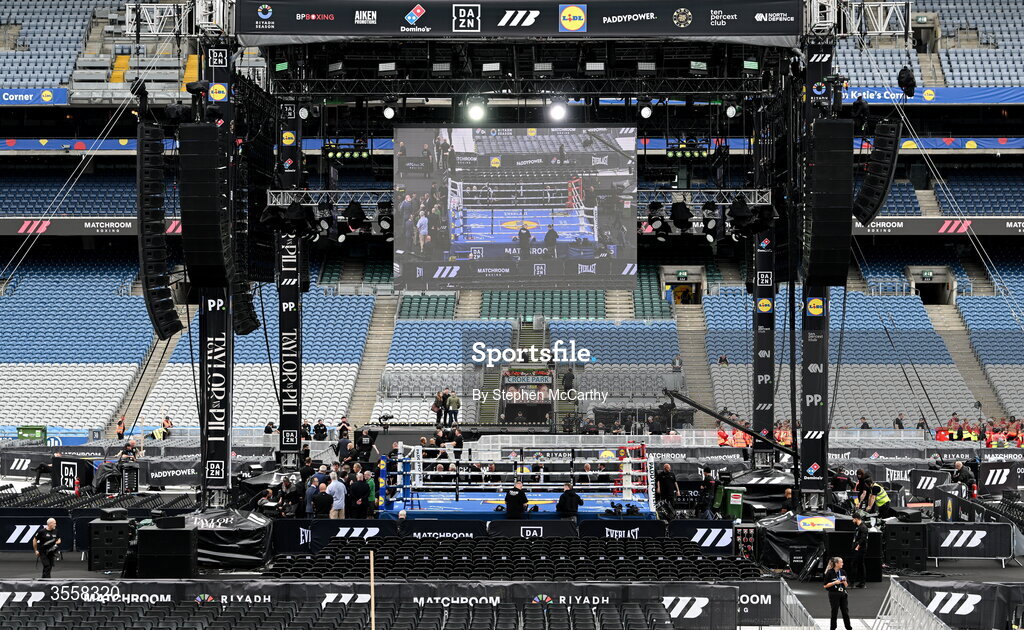 5 September 2026; A general view of the ring inside the Stadium ahead of the undisputed super lightweight championship fight between Katie Taylor and Flora Pili at the Once Upon A Time fight night in Croke Park, Dublin. Photo by Stephen McCarthy/Sportsfile