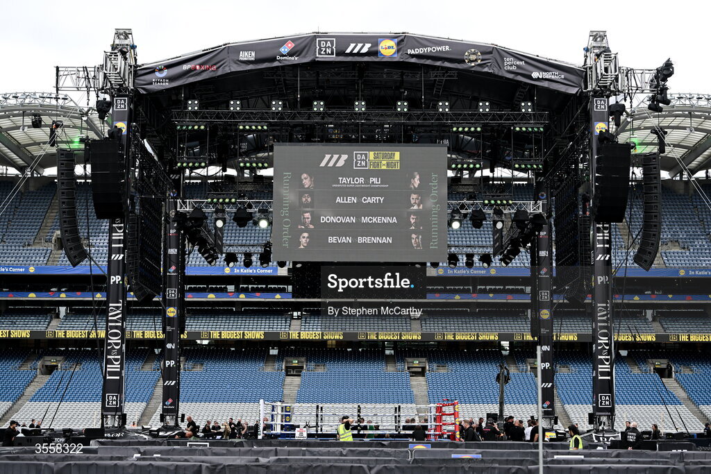 5 September 2026; A general view of the ring inside the Stadium ahead of the undisputed super lightweight championship fight between Katie Taylor and Flora Pili at the Once Upon A Time fight night in Croke Park, Dublin. Photo by Stephen McCarthy/Sportsfile