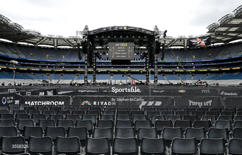 5 September 2026; A general view of the ring inside the Stadium ahead of the undisputed super lightweight championship fight between Katie Taylor and Flora Pili at the Once Upon A Time fight night in Croke Park, Dublin. Photo by Stephen McCarthy/Sportsfile