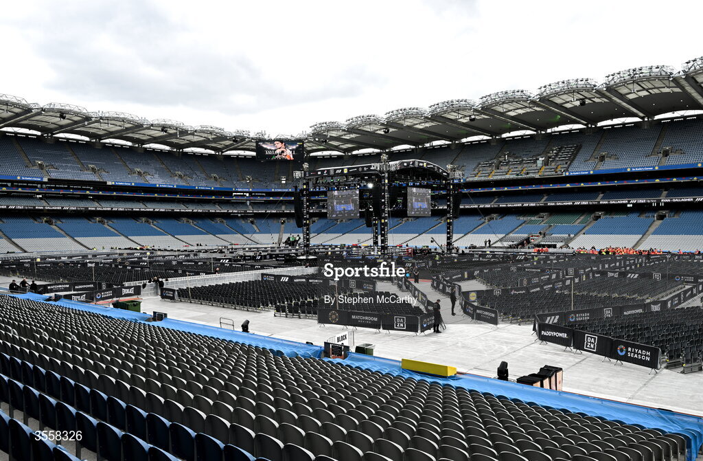 5 September 2026; A general view of the ring inside the Stadium ahead of the undisputed super lightweight championship fight between Katie Taylor and Flora Pili at the Once Upon A Time fight night in Croke Park, Dublin. Photo by Stephen McCarthy/Sportsfile