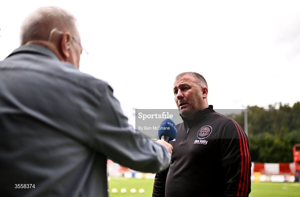 5 September 2026; Bohemians manager Alan Reynolds is interviewed by RTE's Tony O'Donoghue before the Club Orange Men’s FAI Cup quarter-final match between St Patrick's Athletic and Bohemians at Richmond Park in Dublin. Photo by Ben McShane/Sportsfile