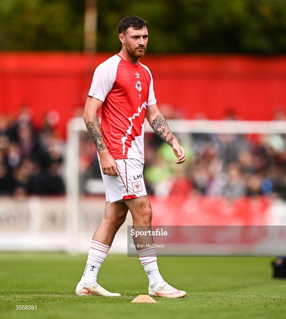 5 September 2026; Ryan Edmondson of St Patrick's Athletic before the Club Orange Men’s FAI Cup quarter-final match between St Patrick's Athletic and Bohemians at Richmond Park in Dublin. Photo by Ben McShane/Sportsfile
